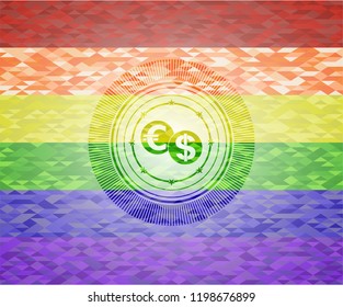 currency exchange icon inside emblem on mosaic background with the colors of the LGBT flag