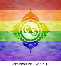 currency exchange icon inside emblem on mosaic background with the colors of the LGBT flag