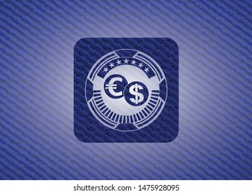 currency exchange icon inside emblem with jean texture