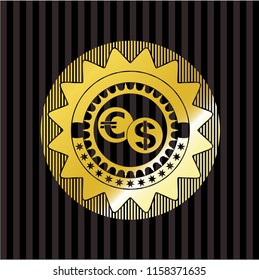 currency exchange icon inside gold badge or emblem