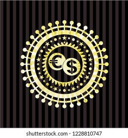 currency exchange icon inside gold badge or emblem
