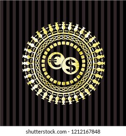 currency exchange icon inside golden badge or emblem