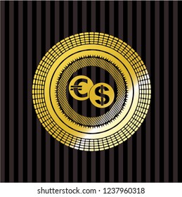 currency exchange icon inside golden emblem or badge