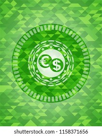 currency exchange icon inside green mosaic emblem