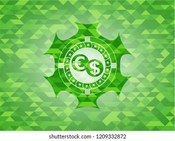 currency exchange icon inside green emblem. Mosaic background