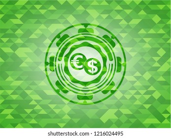 currency exchange icon inside green emblem with mosaic ecological style background