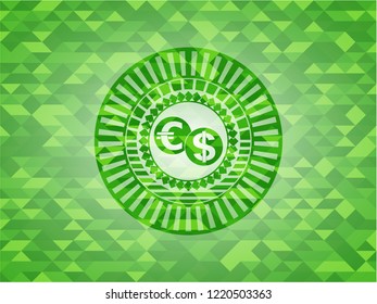 currency exchange icon inside green mosaic emblem