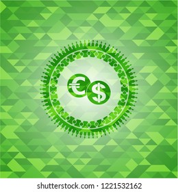 currency exchange icon inside green emblem. Mosaic background
