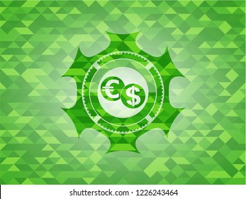 currency exchange icon inside green emblem with mosaic ecological style background