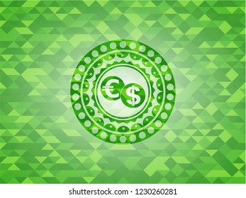 currency exchange icon inside green emblem with mosaic background