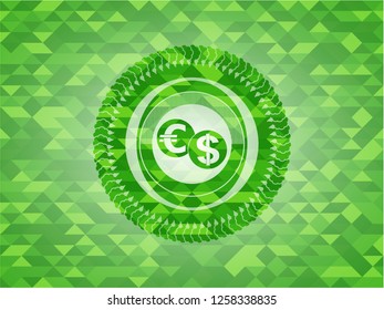 currency exchange icon inside green emblem with mosaic background