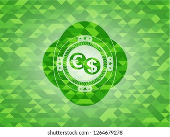 currency exchange icon inside green emblem with mosaic background