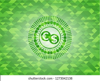 currency exchange icon inside green mosaic emblem