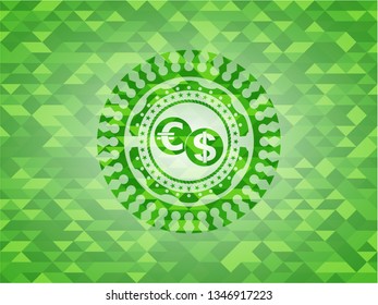 currency exchange icon inside green emblem. Mosaic background