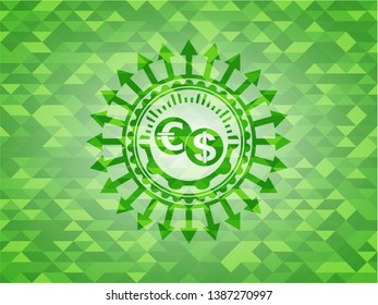 currency exchange icon inside green emblem with mosaic ecological style background
