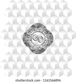 currency exchange icon inside grey emblem with geometric cube white background