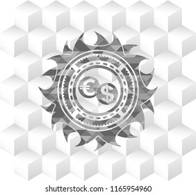 currency exchange icon inside grey badge with geometric cube white background