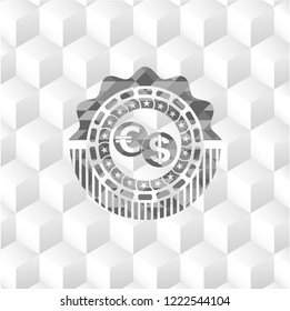 currency exchange icon inside grey emblem. Vintage with geometric cube white background