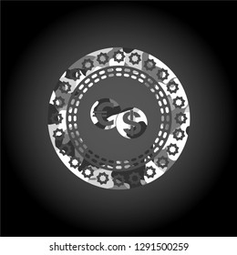 currency exchange icon inside grey camouflage texture