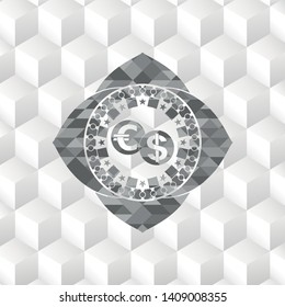 currency exchange icon inside grey emblem with geometric cube white background