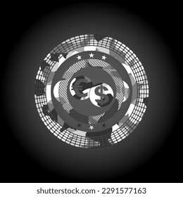 icono de cambio de moneda dentro del emblema de camuflaje gris. 
