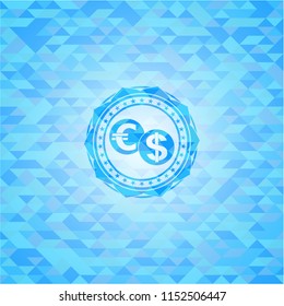 currency exchange icon inside light blue emblem. Mosaic background