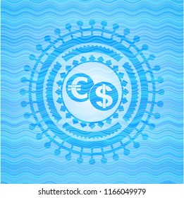 currency exchange icon inside light blue water badge.
