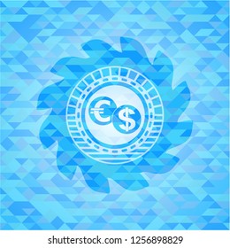 currency exchange icon inside light blue mosaic emblem