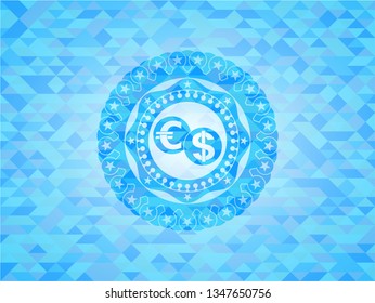 currency exchange icon inside light blue emblem with triangle mosaic background