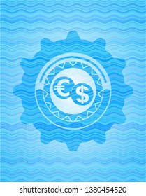 currency exchange icon inside light blue water wave style badge.