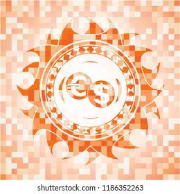 currency exchange icon inside orange mosaic emblem with background