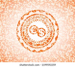 currency exchange icon inside orange tile background illustration. Square geometric mosaic seamless pattern with emblem inside.