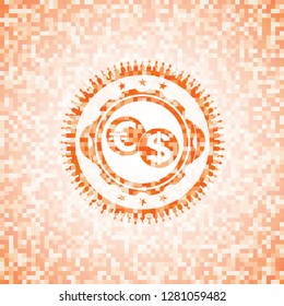 currency exchange icon inside orange tile background illustration. Square geometric mosaic seamless pattern with emblem inside.