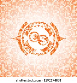 currency exchange icon inside orange tile background illustration. Square geometric mosaic seamless pattern with emblem inside.