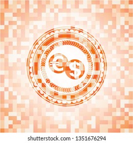currency exchange icon inside orange tile background illustration. Square geometric mosaic seamless pattern with emblem inside.