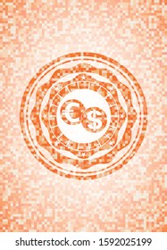 currency exchange icon inside orange tile background illustration. Square geometric mosaic seamless pattern with emblem inside.