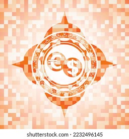 icono de intercambio de divisas dentro del emblema de mosaico naranja. 