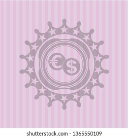 currency exchange icon inside pink emblem. Vintage.