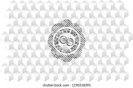 currency exchange icon inside realistic grey emblem with cube white background