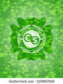 currency exchange icon inside realistic green emblem. Mosaic background