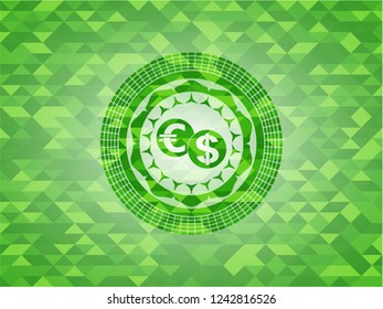 currency exchange icon inside realistic green emblem. Mosaic background