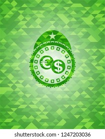 currency exchange icon inside realistic green emblem. Mosaic background