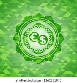 currency exchange icon inside realistic green emblem. Mosaic background