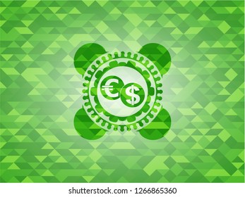 currency exchange icon inside realistic green mosaic emblem