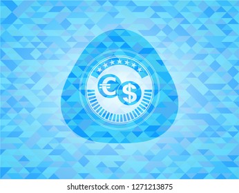 currency exchange icon inside realistic light blue mosaic emblem