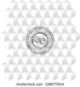 currency exchange icon inside realistic grey emblem with geometric cube white background