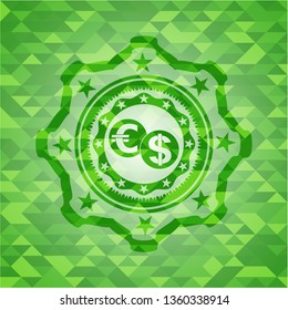 currency exchange icon inside realistic green mosaic emblem