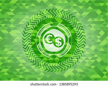 currency exchange icon inside realistic green mosaic emblem
