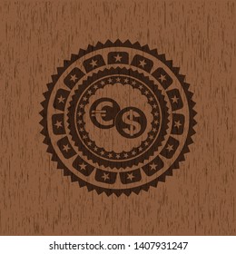 currency exchange icon inside realistic wood emblem