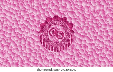 currency exchange icon inside realistic pink emblem with bubbles background. Vector Illustration. Detailed. 
